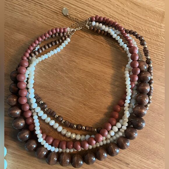Bundle of two wood and glass 5 string faceted necklaces mint green/brown/white - Picture 3 of 3